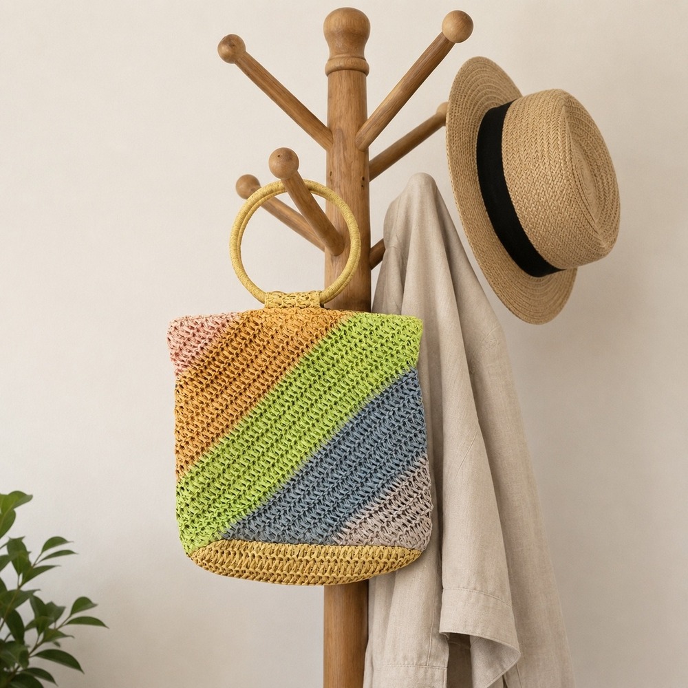 Rainbow Woven Straw Handbag‎ Pastel Diagonal Stripe Boho Ring Handle Tote